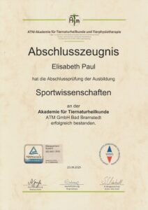 Zertifikat für die Ausbildung in Sportwissenschaften für Hunde von der ATM